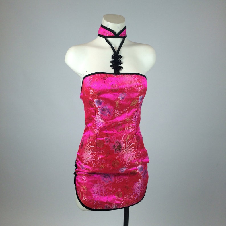 90/'s Pink Cheongsam Asian Mini Halter Dress with Blossoms M