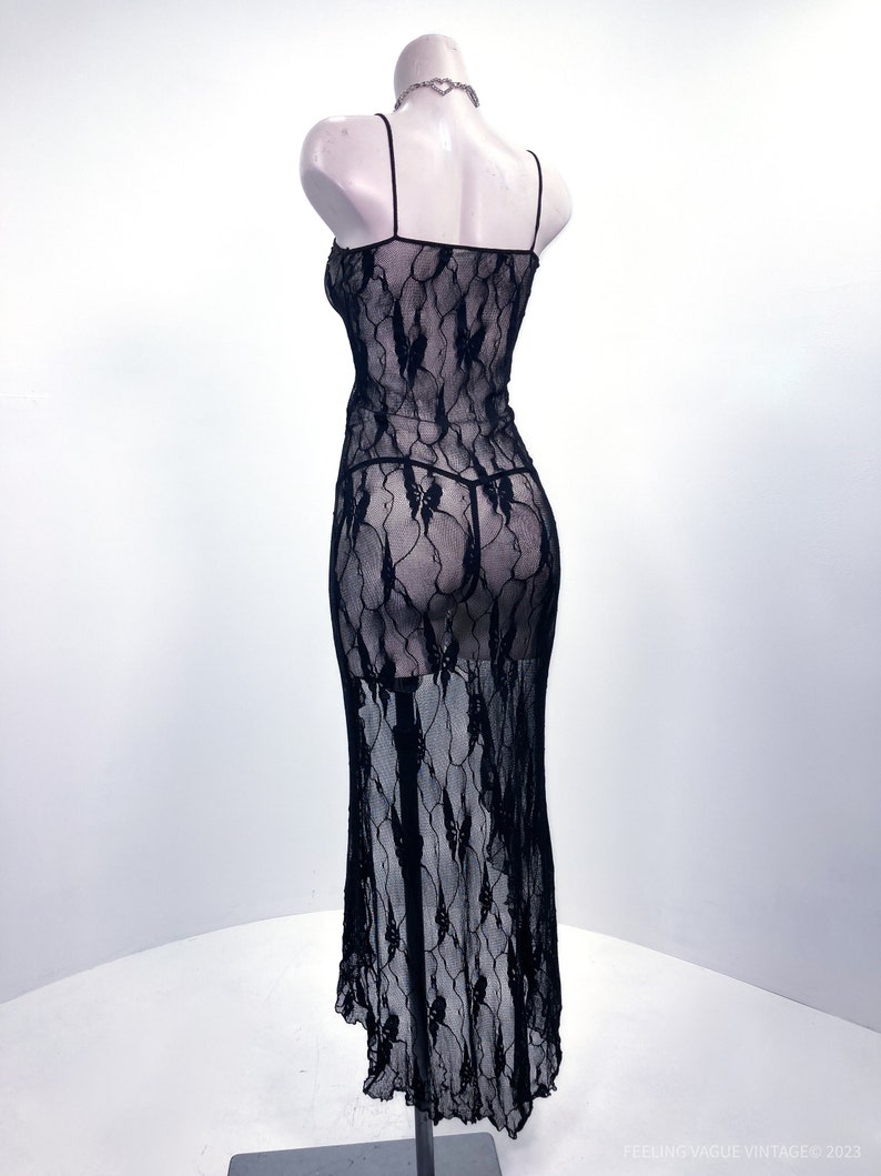 90s Black Lace Ruffle Maxi Lingerie Spaghetti Strap Gown Maxi Dress image 7