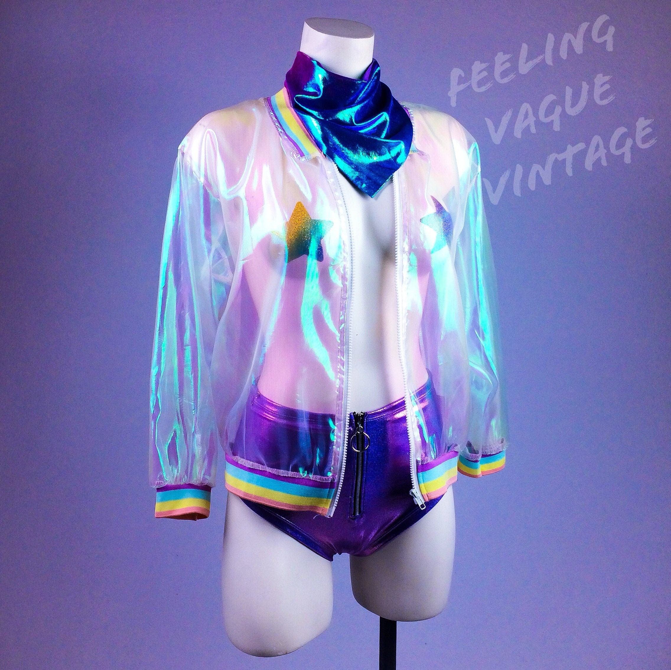 Sheer Iridescent Hologram Rainbow Unicorn Bomber Jacket Coverup -   Canada