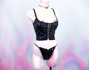 Y2K Vintage Playboy Bunny Logo Lace Up Bustier and matching Leather Thong Bikini Lingerie Set // M - L