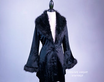 90’s Black Button Up Faux Fur Coat With Flare Sleeves