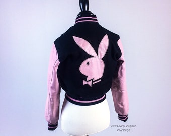 90's Playboy Pastel Pink Leather Reversible Varsity Letterman Bunny Logo Jacket // M