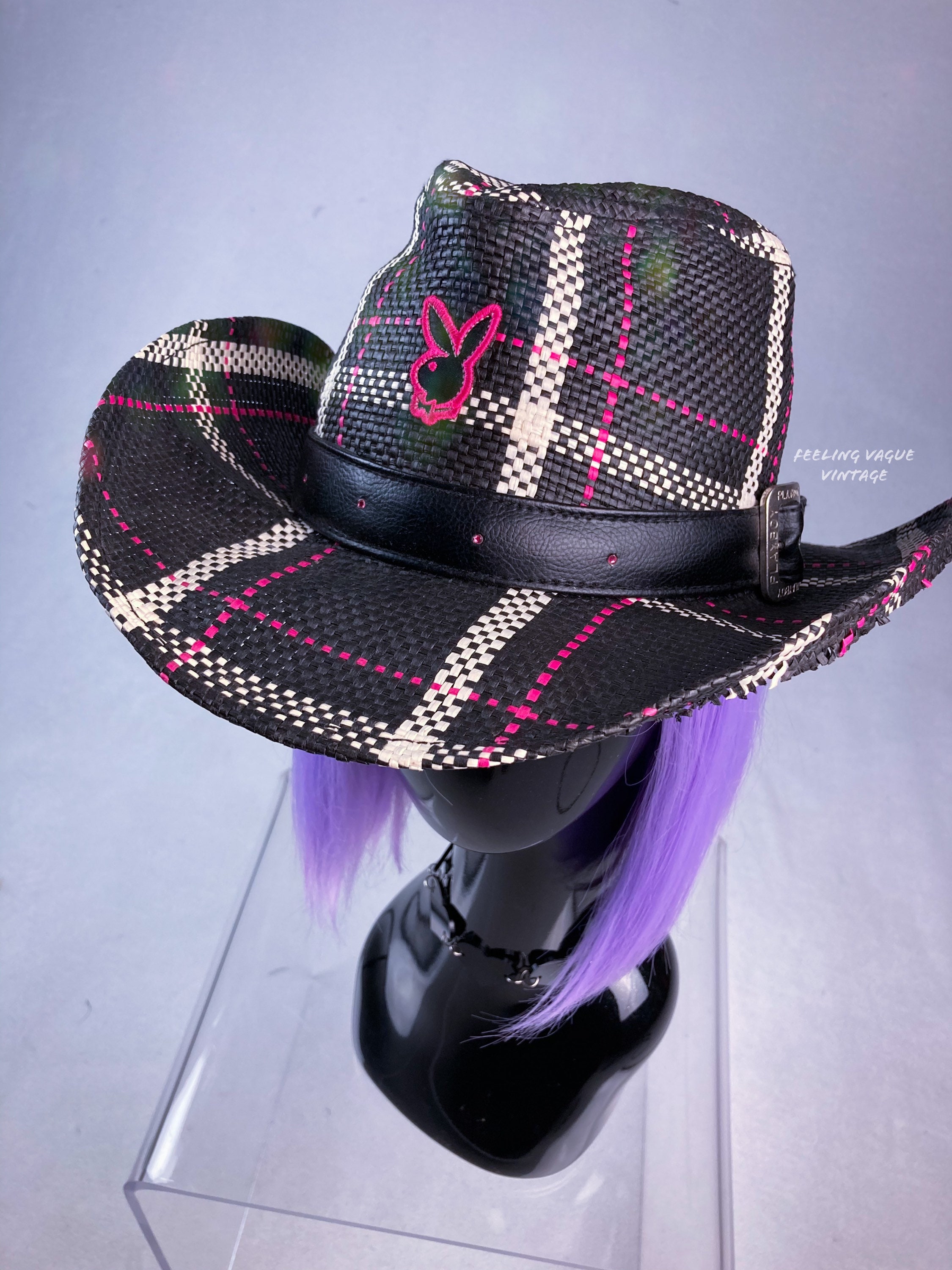 Y2K Playboy Plaid Straw Bunny Logo 
