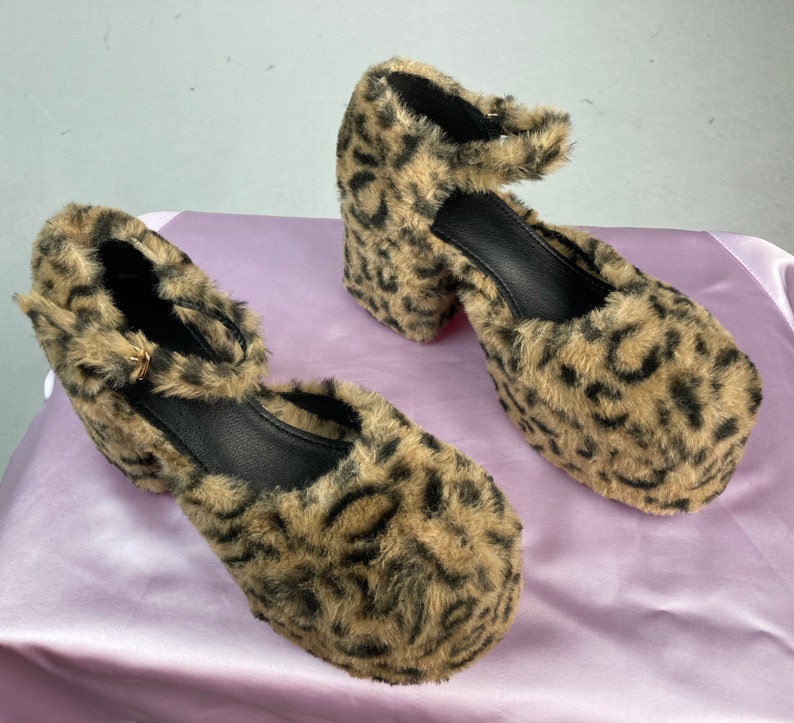 90's Fuzzy Leopard Platform Chunky Heel Mary Jane Ankle | Etsy