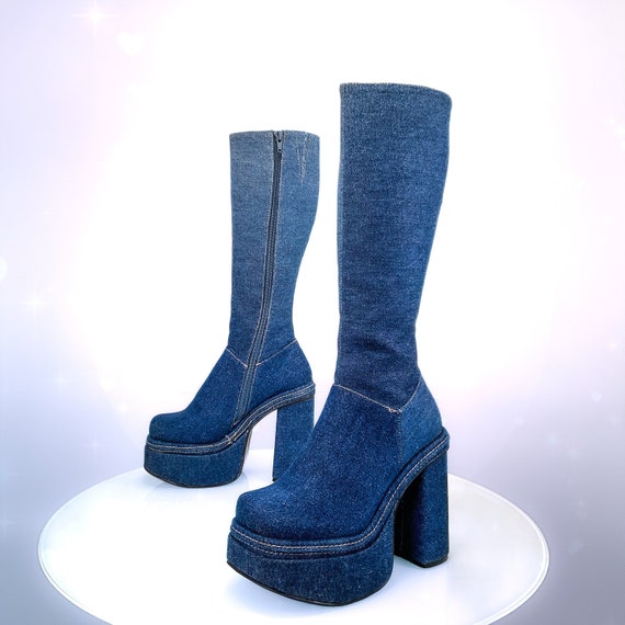 Y2K Bratz Denim Blue Jean Chunky Platform Heel Kn… - image 1