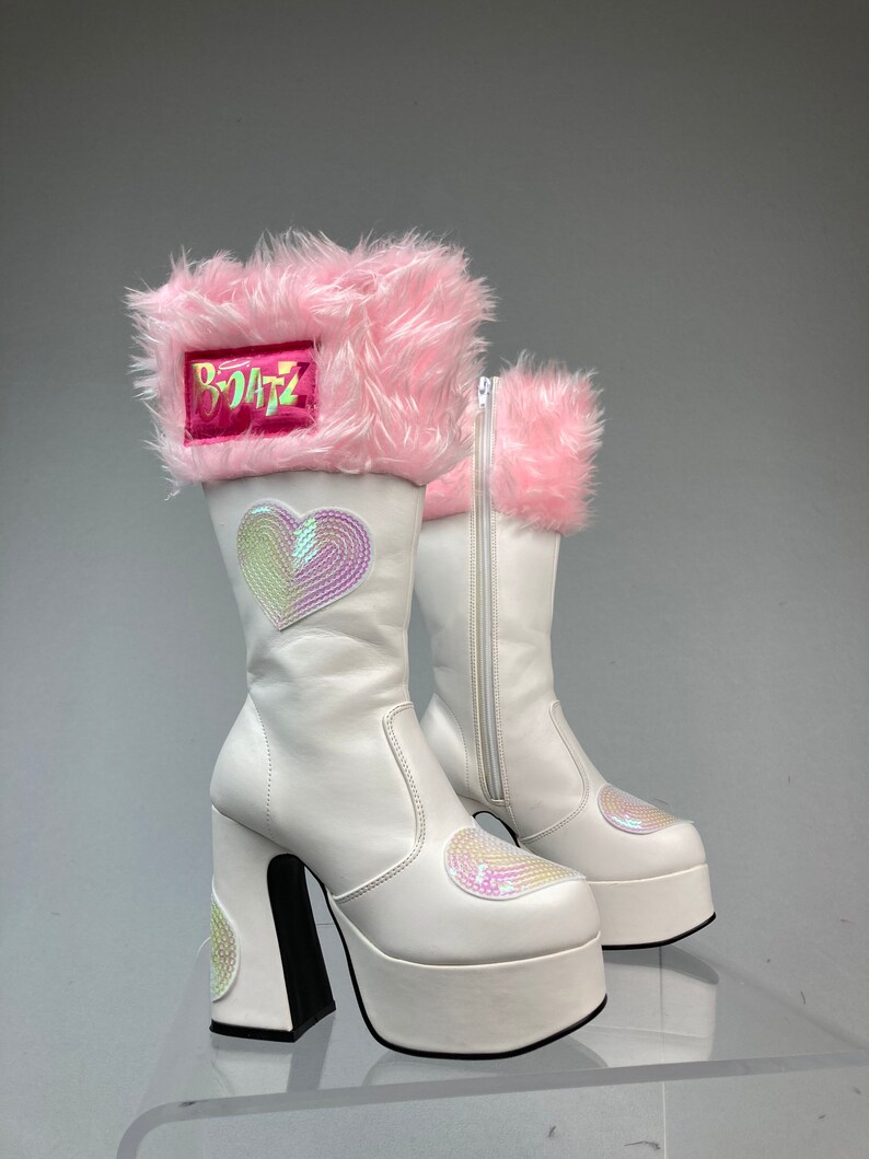 Bratz Fuzzy Pink Fur Sequin Hearts Platform Chunky Heel Boots | Etsy