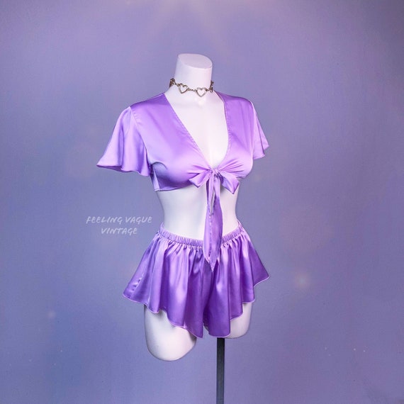 Y2K Silky Satin Tie Front Flutter Sleeve Top High Waisted Cheeky Booty  Short Lingerie Set 