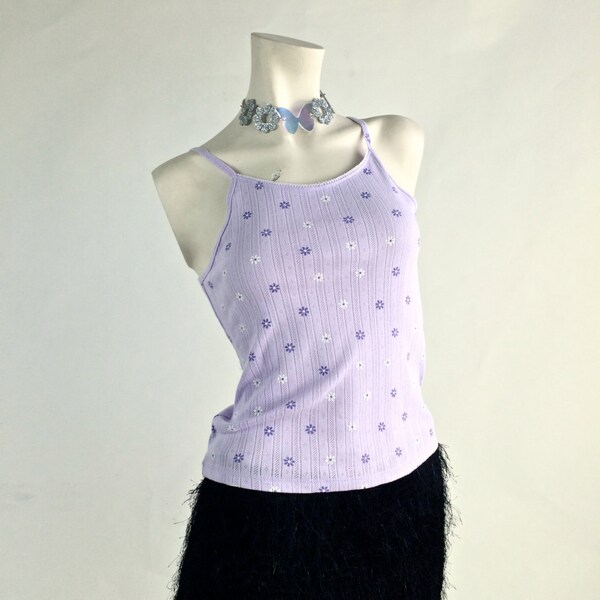 90's Lavender with White Daisies Textured Ribbed Tank Top // S-L