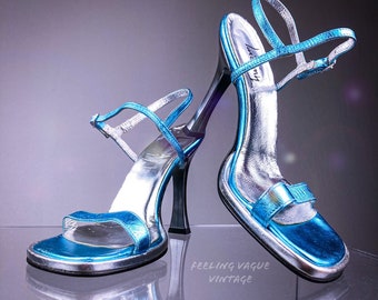 90’s Y2K Metallic Blue and Silver Ankle Strap Sandals with Metal Heels // 9