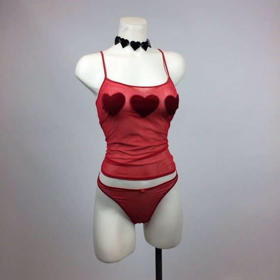 90's Sheer Mesh Velvet Hearts Tank Top // L - XL