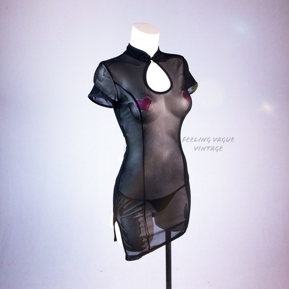 90s Cheongsam Keyhole High Neck Sheer Micro Mesh Lingerie Side Slit Mini Dress