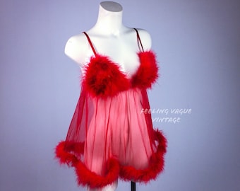 Be Mine 90's Clueless Feather Trim Red Babydoll Lingerie Dress