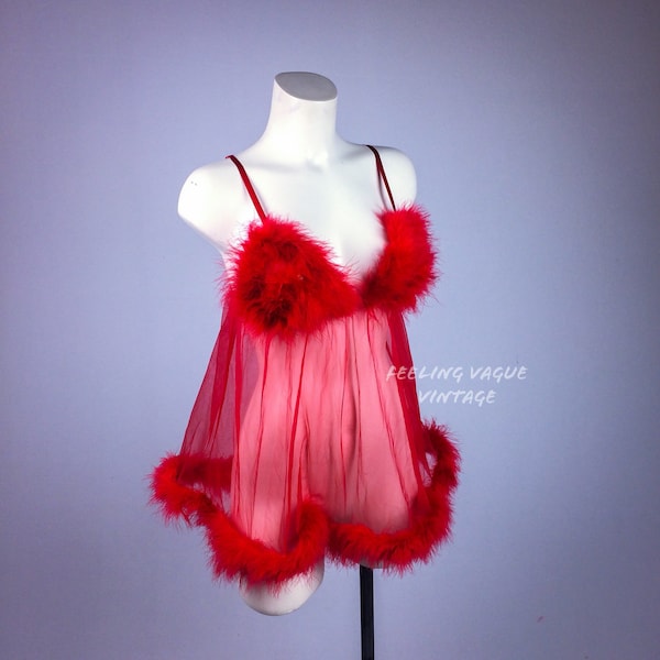 90's Clueless Feather Trim Red Babydoll Lingerie Mini Dress // S-L