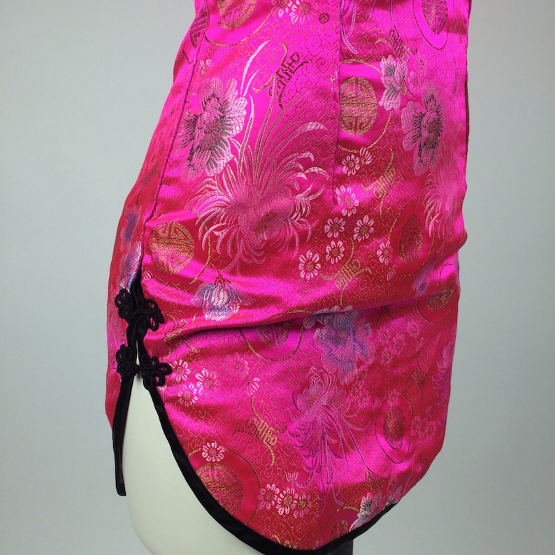 90/'s Pink Cheongsam Asian Mini Halter Dress with Blossoms M