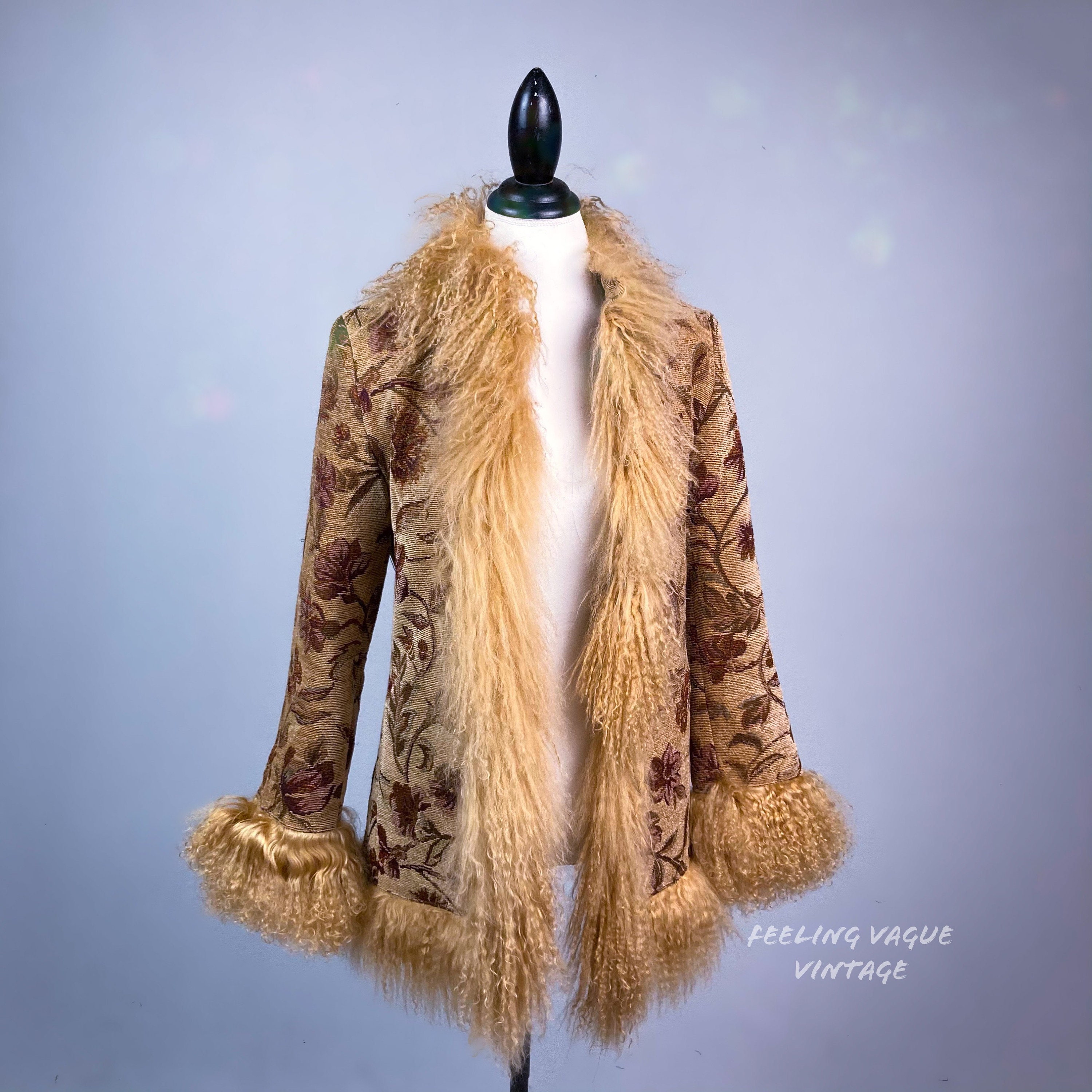 90’s does 70’s Vintage Floral Tapestry Penny Lane Sheep Fur Trim Coat