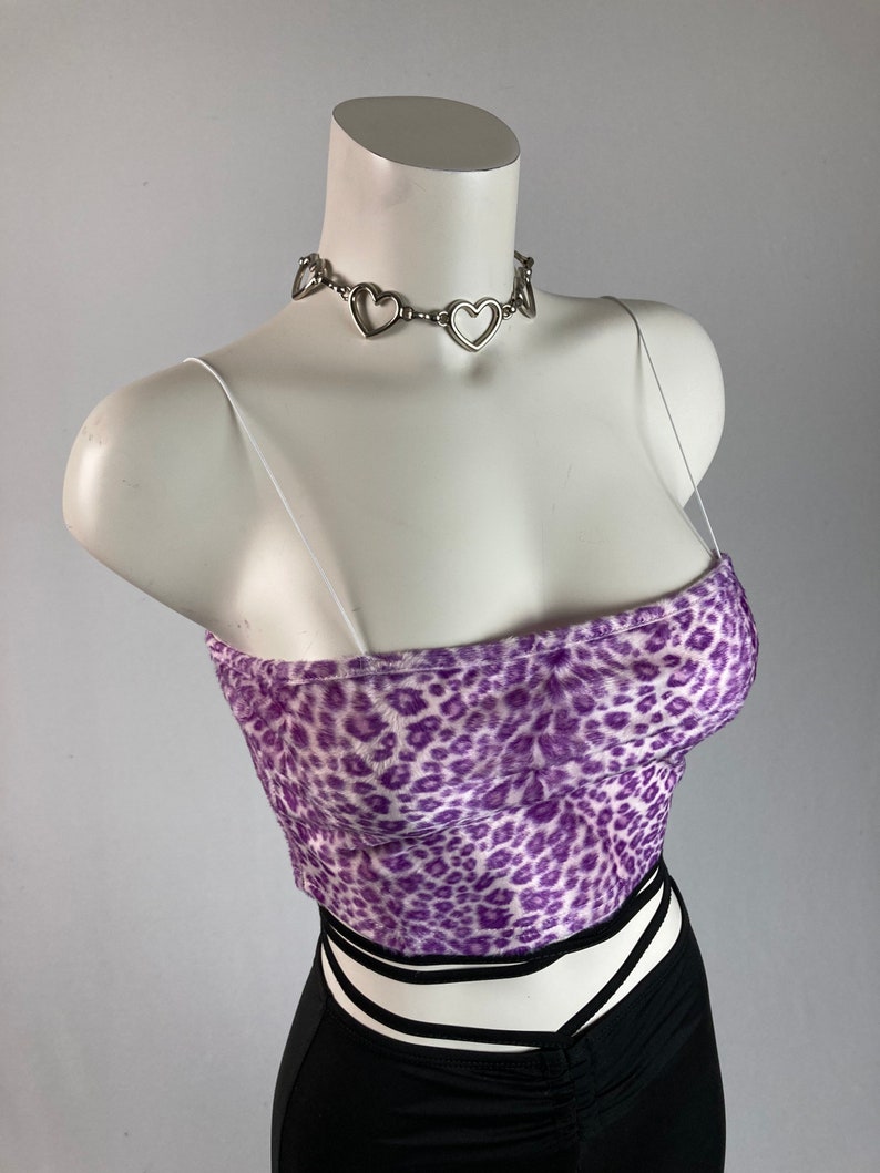 90\u2019s Lavender Leopard Fuzzy Faux Fur Crop zip up Tank Top w spaghetti straps
