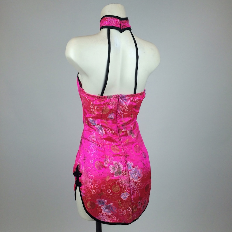 90/'s Pink Cheongsam Asian Mini Halter Dress with Blossoms M