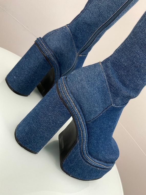 Y2K Bratz Denim Blue Jean Chunky Platform Heel Kn… - image 4