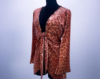 90's Trashy Lingerie LA Leopard Print Lettuce Edge Bell Flare Sleeve Tie Front Velvet Duster Jacket