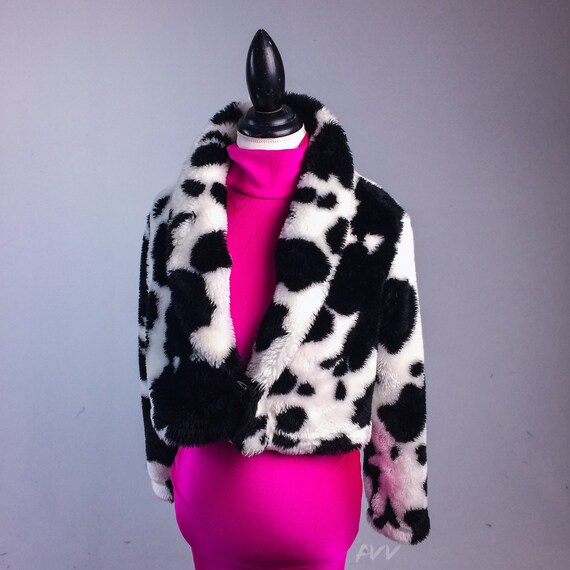 90's Vintage Fuzzy Faux Fur Cow Print Moto Jacket