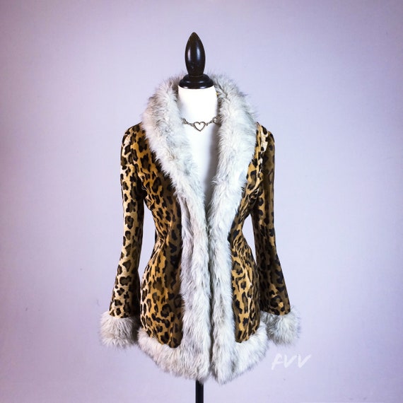 90's Leopard Faux Fur with Black  Fur Trim Coat