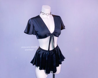Y2K Silky Satin Tie Front Flutter Sleeve Top + High Waisted Cheeky Booty Short Lingerie Set