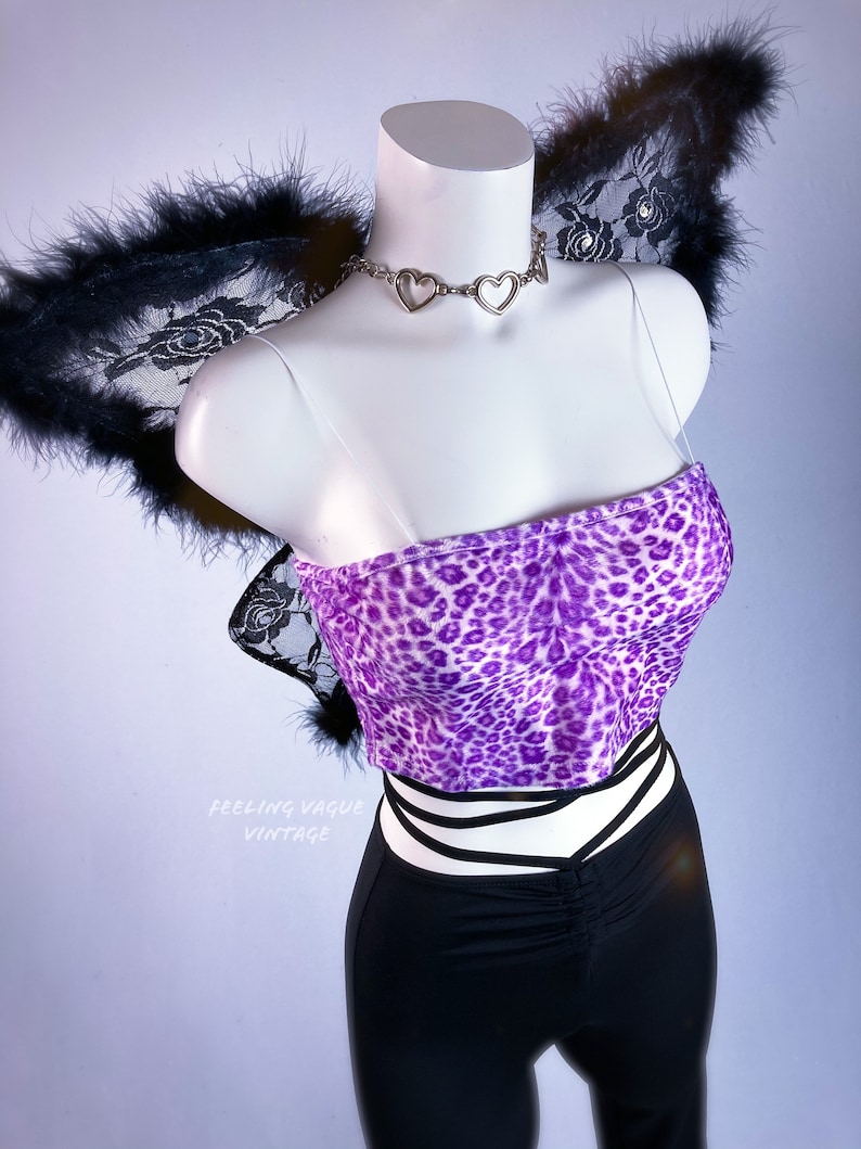 90\u2019s Lavender Leopard Fuzzy Faux Fur Crop zip up Tank Top w spaghetti straps