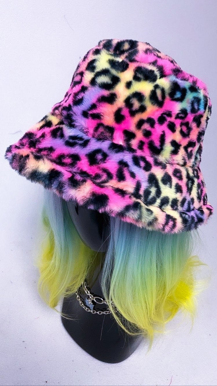 90's Y2K Rave Kitty Neon Leopard Rainbow Fuzzy Faux Fur Bucket Hat