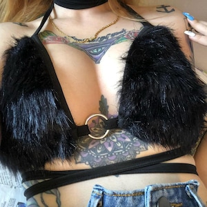 Pastel Baby Pink or Black Fuzzy Faux Fur Rave Bikini Bra Wrap Top
