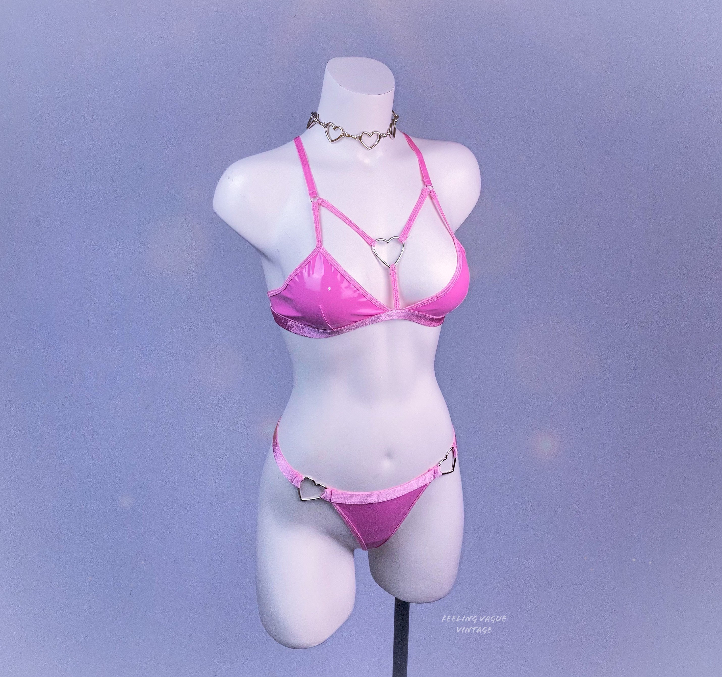 Vinyl Metal Heart O-ring Lingerie Thong and Bra Lingerie Set