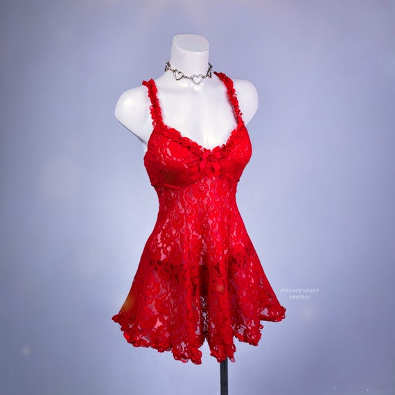 Vintage 90's Red Ruffled Lace Babydoll Dress Lingerie // L - Etsy Vintage 90's Red Ruffled Lace Babydoll Dress Lingerie // L - Etsy
