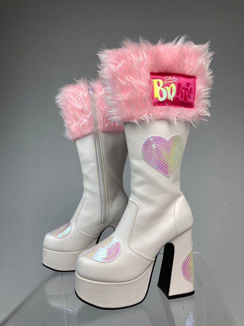 Bratz Fuzzy Pink Fur Sequin Hearts Platform Chunky Heel Boots | Etsy