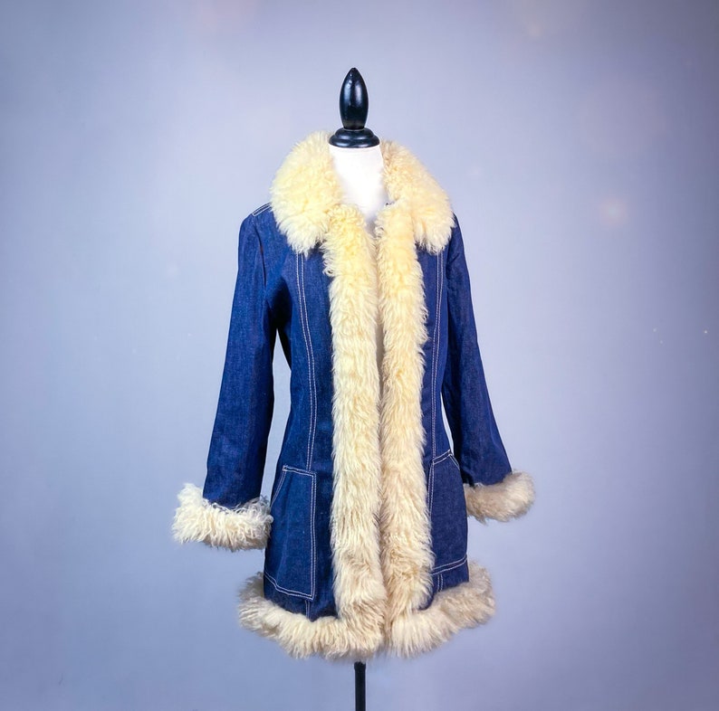 70’s Vintage Denim and Sheep Fur Trim Penny Lane Coat 