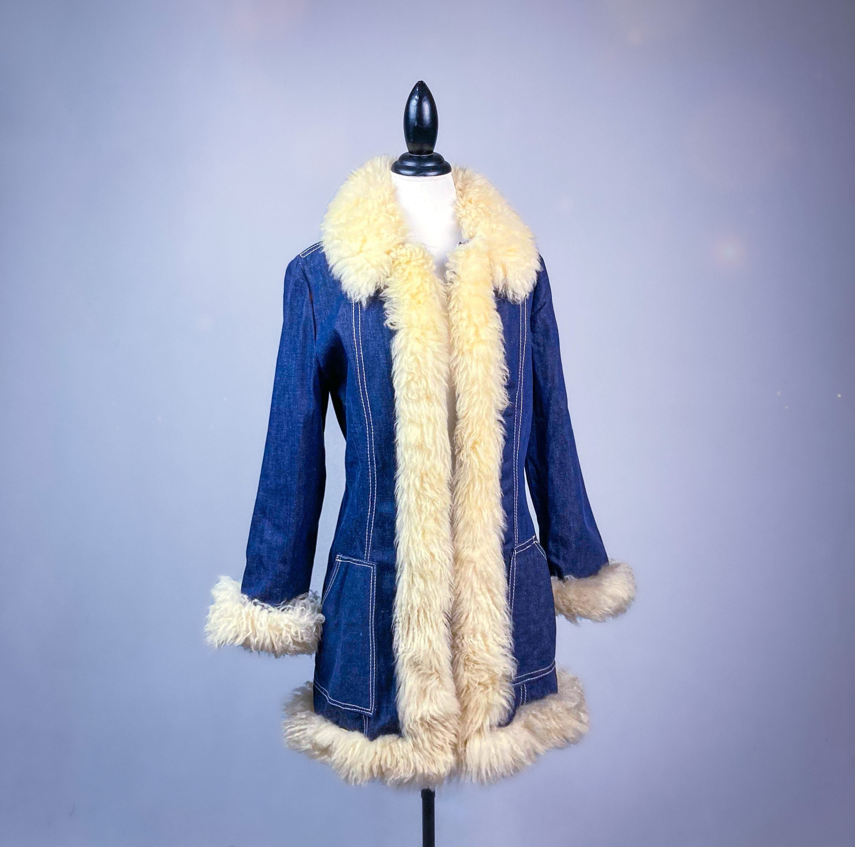 70s Vintage Denim and Sheep Fur Trim 