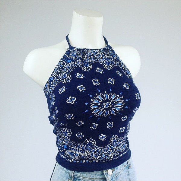 90's Energie Blue Bandana Halter Crop Tank Top TLC // S - M