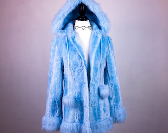 90's SNOWBUNNY Pastel Baby Blue Hooded Faux Fur Princess Coat with Trim