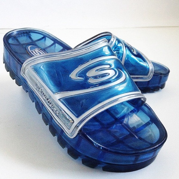 90's Skechers Blue Clear Glitter Slide On Glitter Jelly Sandals // 7