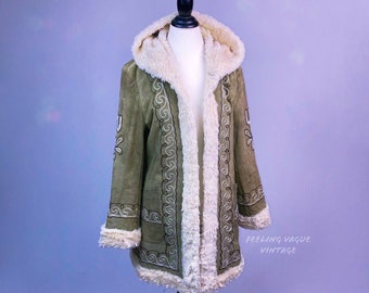 Vintage 90’s does 60’s Dusty Green Embroidered Suede and Faux Fur Trim Hooded with Fur Lining Penny Lane Coat