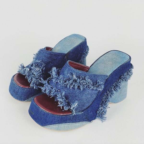 90's Denim Blue Jean Chunky Platform Wedge Platform // 8 - 8.5