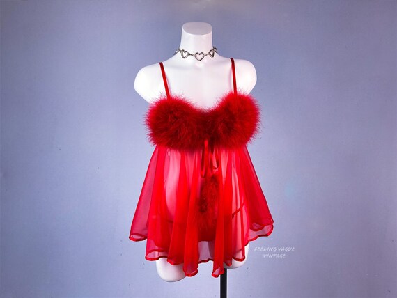 Vintage 90s Fluffy Marabou Sheer Nylon Feather Bab