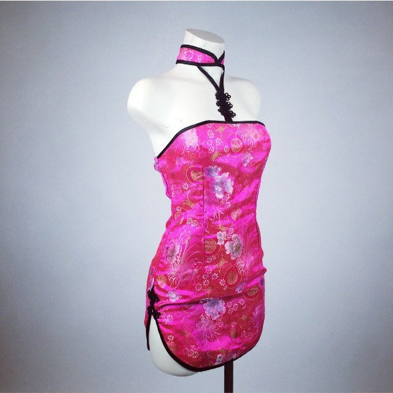 90/'s Pink Cheongsam Asian Mini Halter Dress with Blossoms M