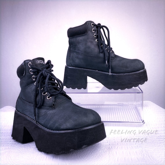 90's Vintage Black Suede Chunky Platform Hiking A… - image 1