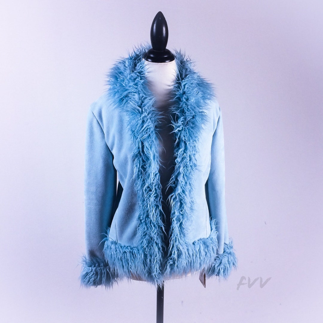 90's Baby Blue Shaggy Faux Fur Trim and Suede Coat W/ Super Soft Plush
