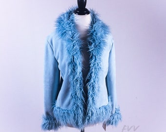 90's Baby Blue Shaggy Faux Fur Trim and Suede Coat W/ Super Soft Plush Lining // S