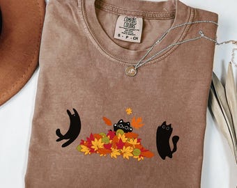 Cute Black Cats Shirt, Fall Leaves T-shirt, Cat Lover Tee, Autumn Aesthetic, Kawaii Cat T-shirt, Cozy Cat Lover Gift
