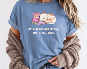 猫と本の心地よい色彩Tシャツ：猫好きの本好きTシャツ