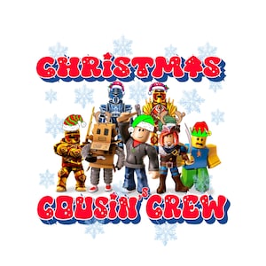 Puede incluir: Gráfico festivo con personajes de Roblox con gorros de Papá Noel, las palabras "CHRISTMAS" y "COUSIN' CREW" en letras de burbujas rojas y azules. Copos de nieve rodean a los personajes.