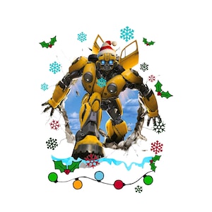 May include: A yellow and black Bumblebee Transformer robot wearing a Santa hat, breaking through a wall. The image is decorated with snowflakes, holly, and a string of Christmas lights, creating a festive holiday theme.