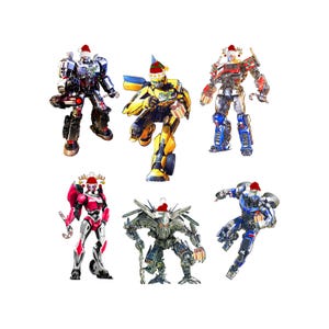 Könnte beinhalten: Sechs Transformers-Figuren, die jeweils einen Weihnachtsmannhut tragen. Die Roboter sind in verschiedenen Farben gehalten, darunter Rot, Blau, Gelb und Silber. Einige halten Geschenke oder Zuckerstangen, was auf ein Feiertags-Thema hindeutet.