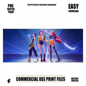 Puede incluir: Diseño digital con tres figuras femeninas estilizadas con atuendos vibrantes, sosteniendo armas y posando sobre un fondo azul. El texto incluye "PNG DIGITAL DESIGNS", "300 DPI RESIZABLE TRANSPARENT BACKGROUNG", "EASY DOWNLOAD" y "COMMERCIAL USE PRINT FILES".